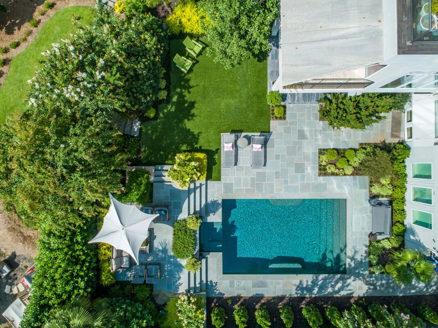 Completed modern pool and hardscape