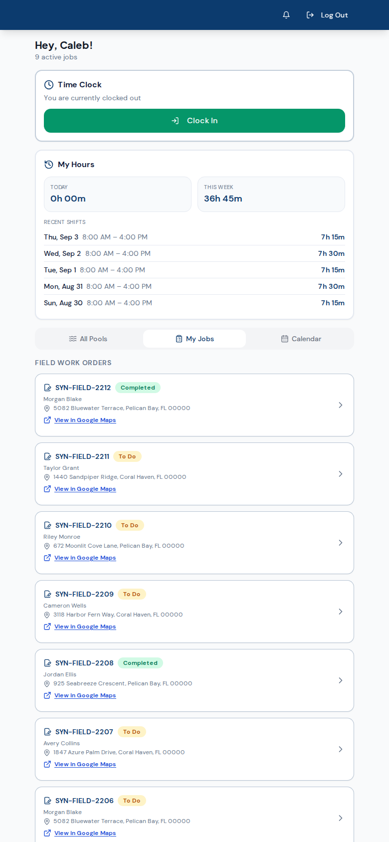 Mobile field operations screen showing assigned pool construction jobs