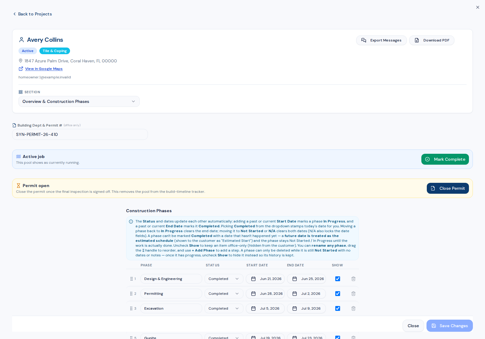 Project management screen with construction phases and milestones