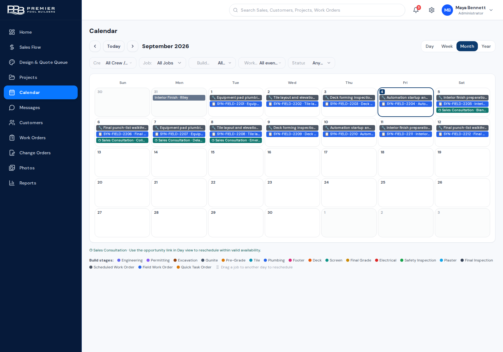 Scheduling calendar with project work orders and sales consultations